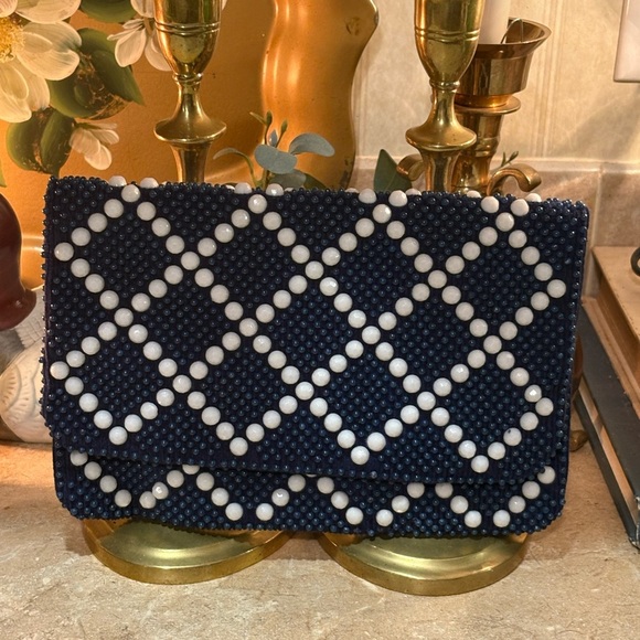 Mr. Jonas Handbags - Mr. Jonas Vintage Navy and White Beaded Clutch made in Hong Kong.